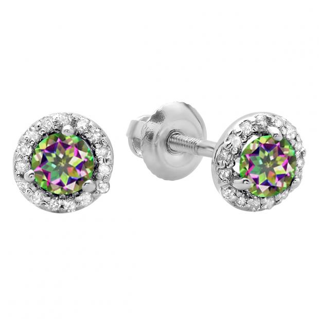 0.50 Carat (ctw) 14K White Gold Round Rainbow Topaz & White Diamond Ladies Halo Style Stud Earrings 1/2 CT